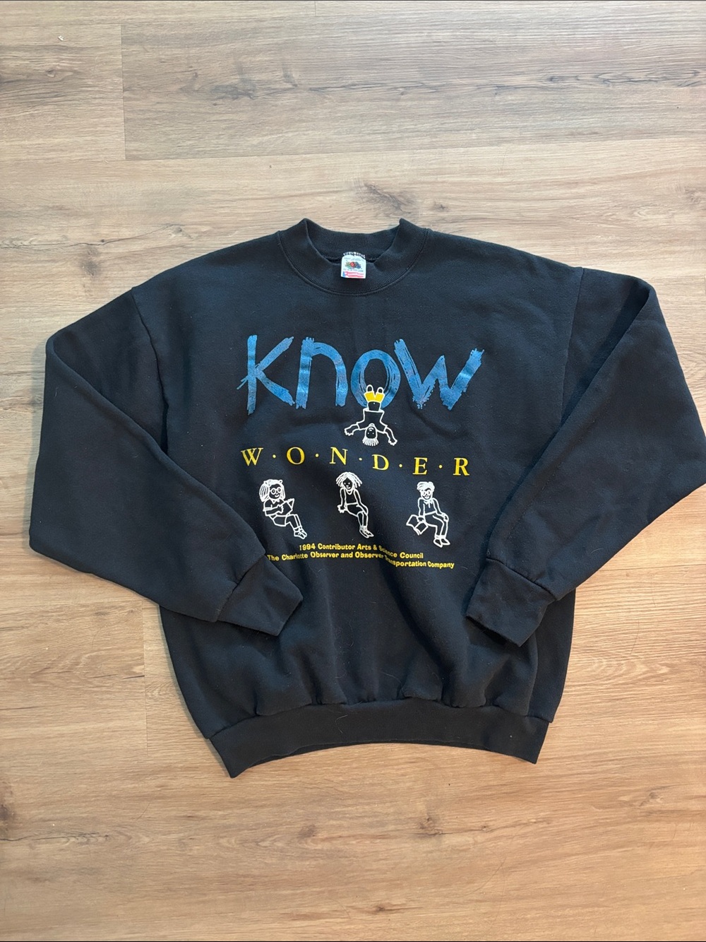 Fruit of the Loom Black Crewneck with Blue and Yellow 'Know Wonder' Graphic